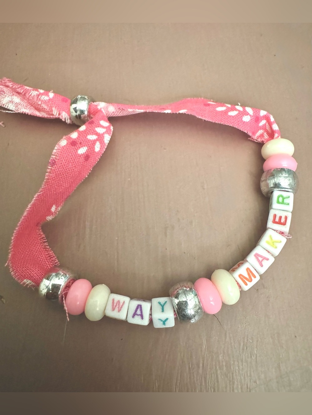 Handmade 'WAY MAKER' Pink Beaded Ribbon Bracelet